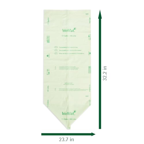 bioMat 13 Gallon Compostable Food Scrap Bags, 20 Count | BPI, CMA and OK Compost HOME certified, Meets the ASTM D6400 Standard, Tall Flat Top Bin Liners for Kitchen Food Waste Bin - size: 10 Count (Pack of 2), style: 13 Gallon