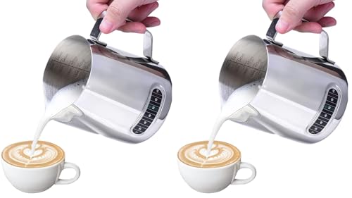 Milk Pitcher, Dailyart Stainless Steel Milk Frothing Pitcher with Thermometer for Coffee, Cappuccino,Espresso,Latte Art(600ml/20oz) (Pack of 2) - size: 20.3 Ounces (Pack of 2)