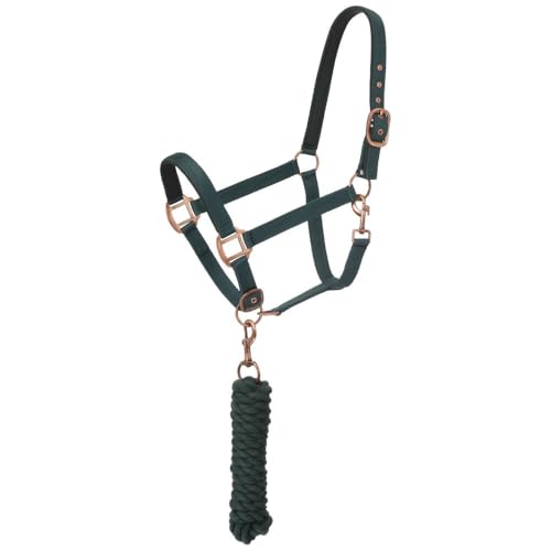 Tough1 Padded Horse Halter with Antique Hardware and Lead Rope - color: Hunter Green