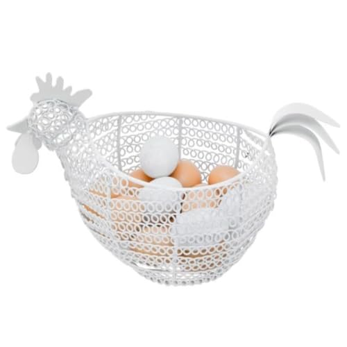 MyGift Modern Matte White Metal Wire Egg Storage Basket in Decorative Chicken Shaped Design, Farmhouse Container for Gathering Fresh Eggs and Easter Decor - color: White