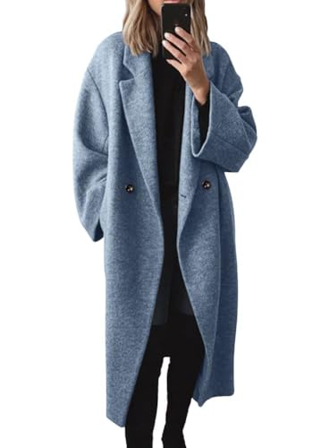 chouyatou Women's Winter Double Breasted Wool Coat Long Sleeve Notch Lapel Long Trench Coat - color: Blue, size: Medium