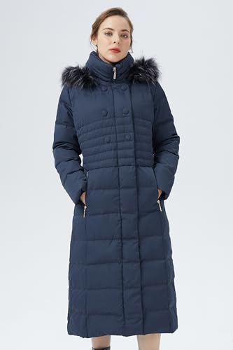 Orolay Women Warm Down Jacket with Hood Fur Long Puffer Coat Brown - color: Navy, size: X-Small