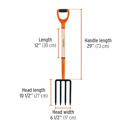 Truper Garden Fork, 4 Tines, 29-Inch Ash Wood Handle with Comfort Grip Y Handle, Forged One-Piece Steel Head (Model BJ-4P / 11018)