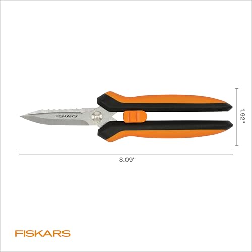 Fiskars 8" SoftGrip Pruning Shears, Multipurpose Garden Snips with Sheath | Heavy-Duty Scissors with Outer Serrated Edge, SoftGrip Handle, Great for Cutting Nursery Pots, Soil Bags & Wire - style: Snips