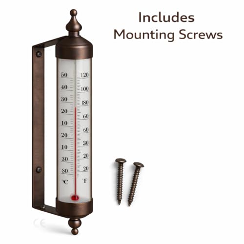 Outdoor Thermometer – Dual Fahrenheit & Celsius, Bronze Finish Adjustable Garden Tube Thermometer, 10-Inch Wall or Fence Mount Temperature Gauge for Patio, Garden & Porch