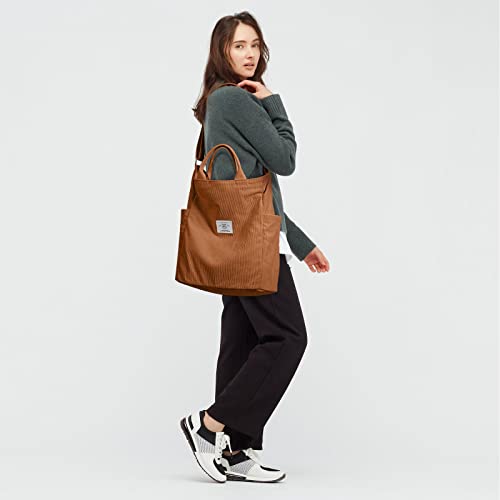 KALIDI Corduroy Tote Bag, Large Slouchy Hobo Messenger Crossbody Bag | Anti Splash Zipper Side Pockets Shoulder Bag Adjustable Strap Lightweight Casual Work Shopping Women - color: Kakhi