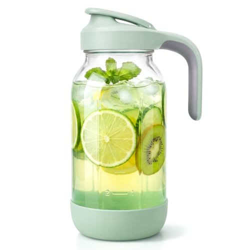 64 oz (2 Qt) Glass Mason Jar Pitcher with Pour Spout Lid & Handle | Airtight Leak-Resistant Flip-Top, Wide Mouth for Ice & Fruit, Non-Slip Silicone Base, Measuring Marks, Fridge Water/Iced Tea - color: Green, size: 64 Ounces