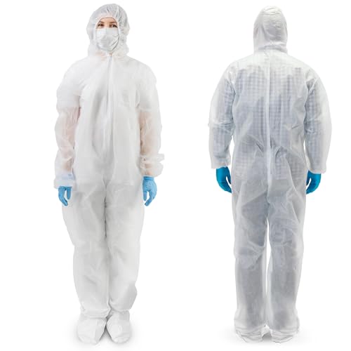 AMZ Medical Supply Disposable Coveralls with Hood and Boots, 3X-Large White, 25 Pack, Lightweight Polypropylene Paint Suit, Zipper Front, Elastic Wrists, Unisex Work Coveralls - size: 3X-Large / 25 Pack
