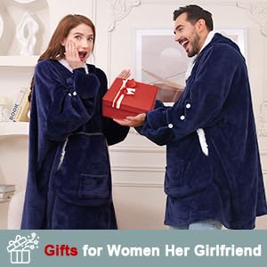 JOYWOO Navy Foldable Wearable Blanket Hoodie with Gloves,Oversized Cat Lovers Sweatshirt Blanket for Adult,Birthday Gifts for Men,Dad,Husband Cozy Sherpa Hooded Blanket with Giant Pocket Winter Gifts - color: Navy Blue, size: Lightweight