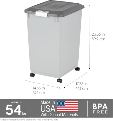 IRIS USA Dog Food Storage Container, Up to 54 lbs, Gray/Dark Gray | Made in USA, Comes with Wheels & 2-Cup Scoop, Airtight Seal, BPA-Free, Bird Seed, Cat food, Cat Litter, Treats, Pellets - color: Gray/Dark Gray, size: 54 lbs