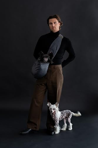 Noah & Paw Dog Sling Carrier for Small Dogs 5-18lb, Dog Sling for Small Dogs and Cats, Dog Carrier with Adjustable Padded Strap, Vegan Leather Lined with Fur, 3X Safety Features, Machine Washable - color: Charcoal, size: 18.0"L x 10.0"W x 5.5"H