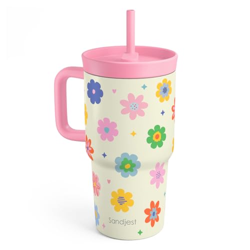 SANDJEST Floral Stainless Steel Tumbler 20oz with Handle and Silicone Straw Locking Lid for Kids Girls, Birthday Christmas Back to School - color: Floral