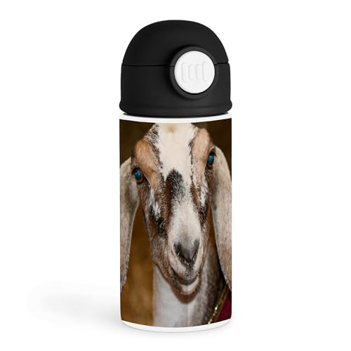 Funny Goat Enthusiast 12oz Kids Black Bottle – Smiling goat with brown and white fur – Farm Day, Daily Hydration - color: Black