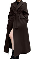 Women Long Winter Wool Pea Coat Lapel Double Breasted Trench Over Coat with Belt - color: Coffee, size: Small