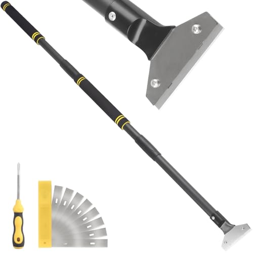 Floor Scraper Long Handle, 31"- 58" Razor Blade Floor Scraper Heavy Duty Tool with 10 Blades for Cleaning Wall Razor Glass Wall Gum Paint Tile Glue Adjustable Metal Pole (58)