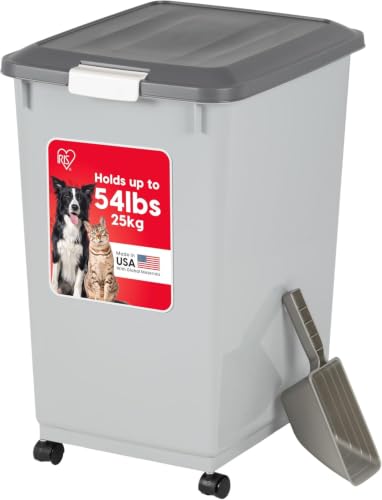 IRIS USA Dog Food Storage Container, Up to 54 lbs, Gray/Dark Gray | Made in USA, Comes with Wheels & 2-Cup Scoop, Airtight Seal, BPA-Free, Bird Seed, Cat food, Cat Litter, Treats, Pellets - color: Gray/Dark Gray, size: 54 lbs
