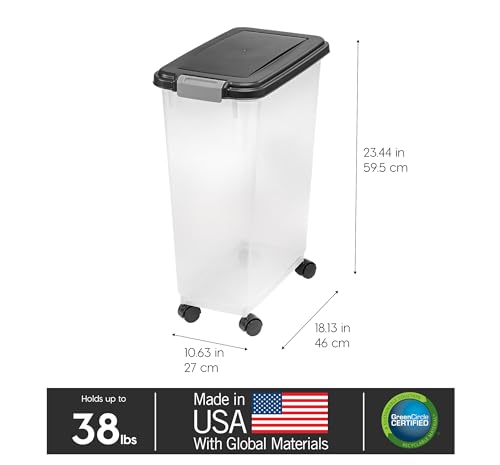 IRIS USA Dog Food Storage Container, Up to 38 lbs, Black, Made in USA | Wheels for Mobility, Airtight Seal, BPA-Free, Best for Bird Seed, Cat food, Cat Litter, Chicken Feed, Pellets - color: Black, size: 38 lbs