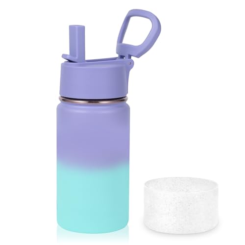 Volhoply 14oz KIds Stainless Steel Insulated Leakproof Bottles Water Bottle with Straw Lid and Silicone Boot,BPA-Free Easy Use for Boys&Girls,Double Wall Vacuum Bottles(Purple Blue,1) - color: Purple Blue