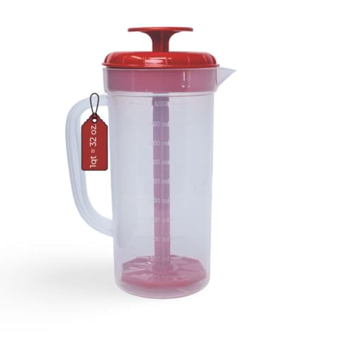 1 Quart Plastic Mixing Pitcher with Mixing Lid, BPA Free, Shatterproof Beverage Jug for Iced Tea, Lemonade, Juices, Milk – Leak-Proof, Easy Stirring, Dishwasher Safe | Red - color: Red, 1qt Mixing Pitcher