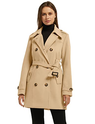 wantdo Women's Double Breasted Pea Coat Winter Mid-Long Trench Coat | Lapel Collar Jacket,Outwear,Windproof Dress Coat,for Fall Spring,Casual Daily Wear,Adjustable Belt - color: Khaki, size: Medium