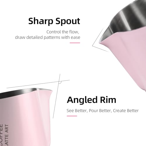 Milk Frothing Pitcher with Sharp Spout & Angled Rim – Precision latte art pitcher for Fine Lines & Intricate Patterns – 18/8 Stainless Steel Milk Steamer Cup for Cappucci