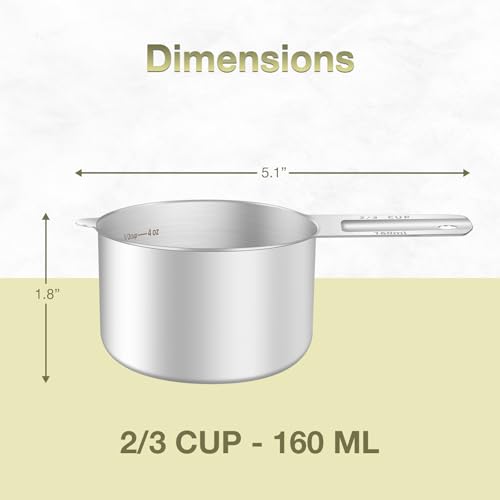 1PCS 2/3Cup (160ml, 5.3oz) Measuring Cup, Etched Inner Scale Measure Scoop | 18/8(304) Food-Grade Stainless Steel, Seamless One-Piece design, Metric and US Measurement, ‌Rust-Free, Dishwasher-Safe - size: 2/3Cup
