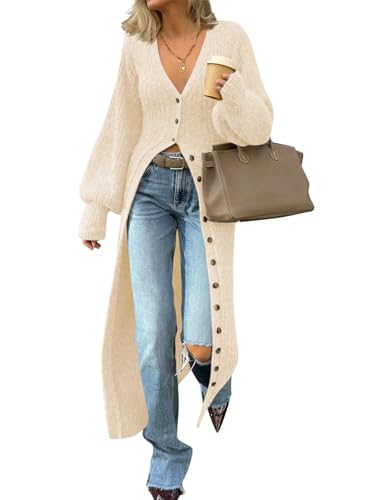 Saodimallsu Womens Long Duster Cardigans Button Down Maxi Sweater Dress | Casual V Neck,Lantern Long Sleeve,2026 Oversized Chunky Knit,Floor Length Coatigan,Cute Soft Cozy,Fall Winter Trendy Coat - color: Beige, size: X-Small