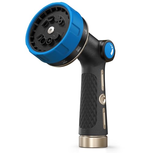 RAINPOINT Garden Hose Nozzle - 100% Heavy Duty Metal Thumb Control Spray Nozzles for Garden Hose High Pressure, 10 Pattern Water Hose Nozzle for Car Wash, Watering Lawn, Pets, Navy Blue - color: Navy Blue