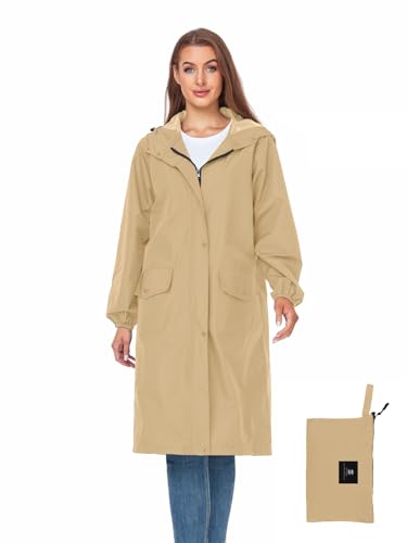 SaphiRose Women's Lightweight Packable Waterproof Long Rain Jacket | Raincoat, rain coat, windbreaker, with hood, knee-length, pack in bag, mesh lining, outdoor, camping, travel, walking dog - color: Camel, size: X-Large