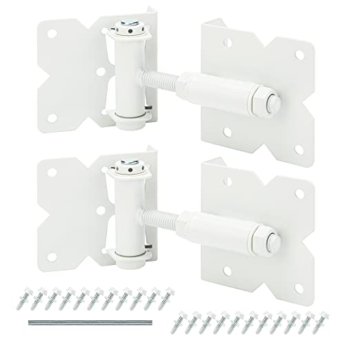 Self Closing Gate Hinges Heavy Duty Hardware Hinges for Wooden/Vinyl/PVC Fences, 90 Degree Adjustable Gate Hinge with Installation Screws and Swing Adjuster Tool, 2 Pack/Set, White | Heavy duty gate hinges fence hinges for Wooden/Vinyl/PVC Fences, with in