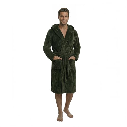 FashGudim Mens Hooded Robe Plush Shawl Collar Kimono Bathrobe Soft Warm Flannel Fleece Spa Robes House Coat Pajamas - color: Army Green, size: Small-Medium