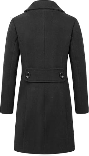 Women's Elegant Wool Blend Pea Coat Notched Lapel Double Breasted Winter Warm Mid Long Overcoat - color: Black, size: Small