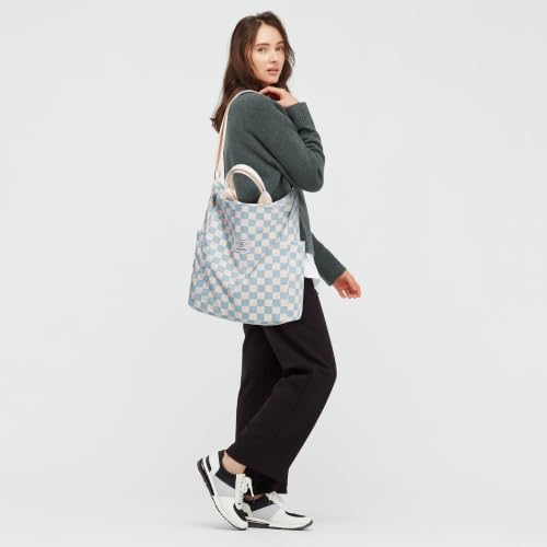 KALIDI Corduroy Tote Bag, Large Slouchy Hobo Messenger Crossbody Bag | Anti Splash Zipper Side Pockets Shoulder Bag Adjustable Strap Lightweight Casual Work Shopping Women - color: Blue Checkered