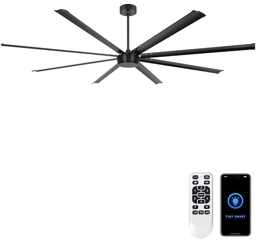 Ohniyou 96" Industrial Ceiling Fan No Light, High CFM Large Metal Fan | 8 Aluminum Blades, Remote/App Control, Quiet DC Motor for Shops, Warehouses and Gyms, Black - color: Black, style: No Light