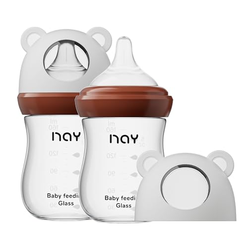 yanyoyo Natural Glass Baby Bottle for Breastfeeding Babies, 5.4oz Anti-Colic Baby Bottle with Natural Response Nipple(S), Clear, Wide Neck, 2 Pack, 1 Months+ - color: White, size: 5.4 Ounce (Pack of 2)