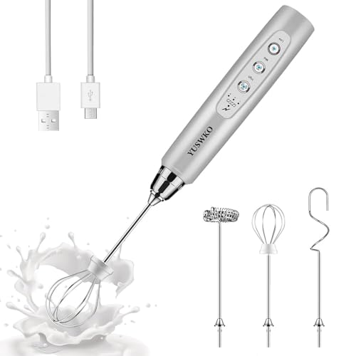 YUSWKO Handheld Milk Frother Wand for Coffee, Rechargeable Electric Whisk with 3 Heads 3 Speeds Drink Mixer Coffee Frother For Latte, Cappuccino, Hot Chocolate, Egg, Silver