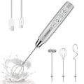 YUSWKO Handheld Milk Frother Wand for Coffee, Rechargeable Electric Whisk with 3 Heads 3 Speeds Drink Mixer Coffee Frother For Latte, Cappuccino, Hot Chocolate, Egg, Silver