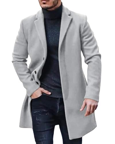 PASLTER Mens Trench Coat Slim Fit Mid Length Pea Coat Winter Overcoat | Notched Collar,Single Breasted,Warm Peacoat Jacket,Soft Mens Dress Coat,Fall Winter Mens Trench Coat Long - color: Grey, size: XX-Large
