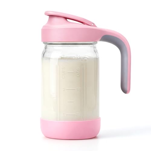 32 oz (1 Qt) Glass Mason Jar Pitcher with Pour Spout Lid & Handle | Airtight Leak-Resistant Flip-Top, Wide Mouth for Ice & Fruit, Non-Slip Silicone Base, Measuring Marks, Fridge Water/Iced Tea - color: Pink, size: 32 Ounces
