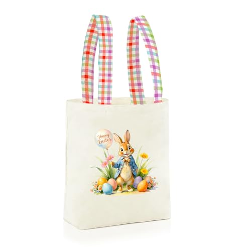 Easter Basket Bunny Canvas Tote Bag, 12.2x11 Inches, Natural Canvas, Hand-Carry, for Gift and Easter Egg Collection - color: B-blue