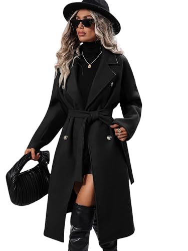 utcoco Womens Long Wool Pea Coat Notched Lapel Double Breasted Trench Coat Winter Warm Overcoat with Belt - color: Black, size: X-Small