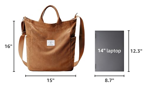 KALIDI Corduroy Tote Bag, Large Slouchy Hobo Messenger Crossbody Bag | Anti Splash Zipper Side Pockets Shoulder Bag Adjustable Strap Lightweight Casual Work Shopping Women - color: Kakhi