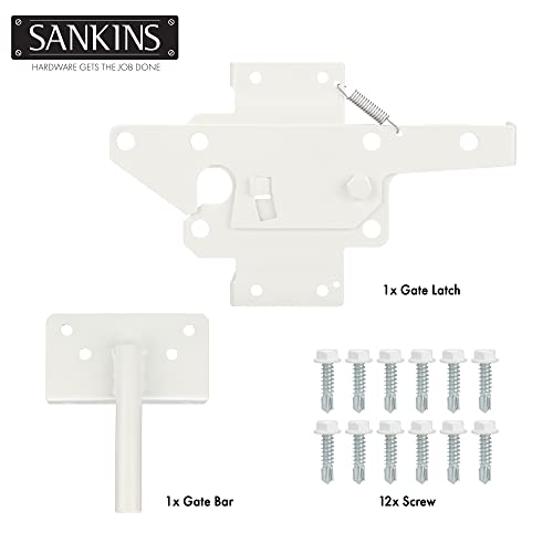 Self-Locking Gate Latch Heavy-Duty for Wood Gate, Steel White, 2pcs | Post Mount Automatic, gate locks for outdoor fence| Pool | Garden, Gravity Door Latch with Fasteners Hardware, Padlockable - color: White