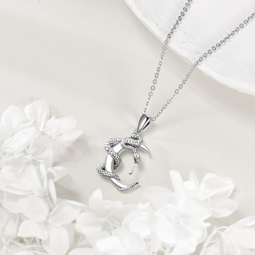 Snake Moon Necklace - 925 Sterling Silver Moon Pendant Necklace - Snake Jewelry for Women - style: snake moon