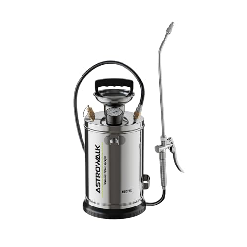 1.5 Gallon Stainless Steel Pump Sprayer with 20" All-Steel Wand & 4FT Reinforced Hose for Lawn Care, Weed Treatment & Pest Control, Includes Viton & EPDM Seals, Gloves - size: 1.5G/6L