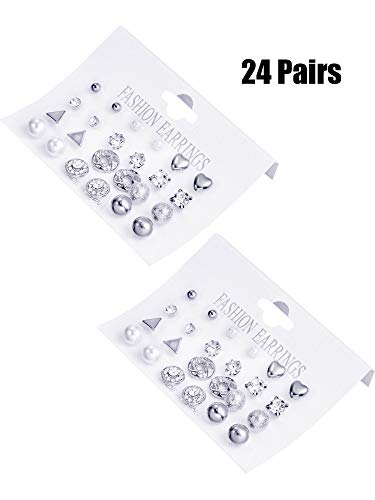 BBTO 24 Pairs Stud Earrings, Crystal Pearl Ear Stud for Women | Earrings, Alloy and Gold, Sliver Gold Black, for Men Women Loved Ones and Friends - color: Sliver