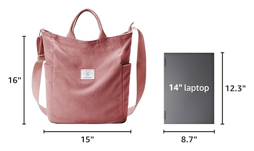 KALIDI Corduroy Tote Bag, Large Slouchy Hobo Messenger Crossbody Bag | Anti Splash Zipper Side Pockets Shoulder Bag Adjustable Strap Lightweight Casual Work Shopping Women - color: Pink