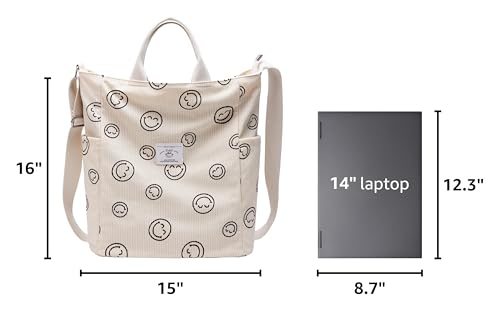 KALIDI Corduroy Tote Bag, Large Slouchy Hobo Messenger Crossbody Bag | Anti Splash Zipper Side Pockets Shoulder Bag Adjustable Strap Lightweight Casual Work Shopping Women - color: White Happy