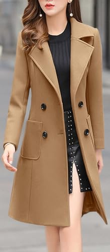 chouyatou Women Elegant Notched Collar Double Breasted Wool Blend Over Coat - color: Camel, size: Small
