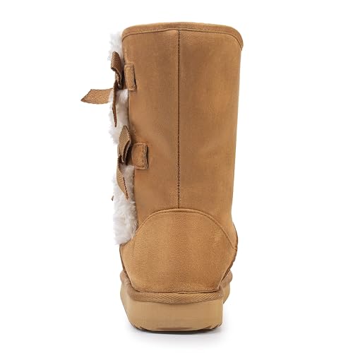 KRABOR Womens Suede Snow Boots Mid-Calf Winter Shoes with Side Bows | Cozy Lining,Fuzzy,Cute,Comfy,Warm,Non-Slip - color: Brown-1, size: 8